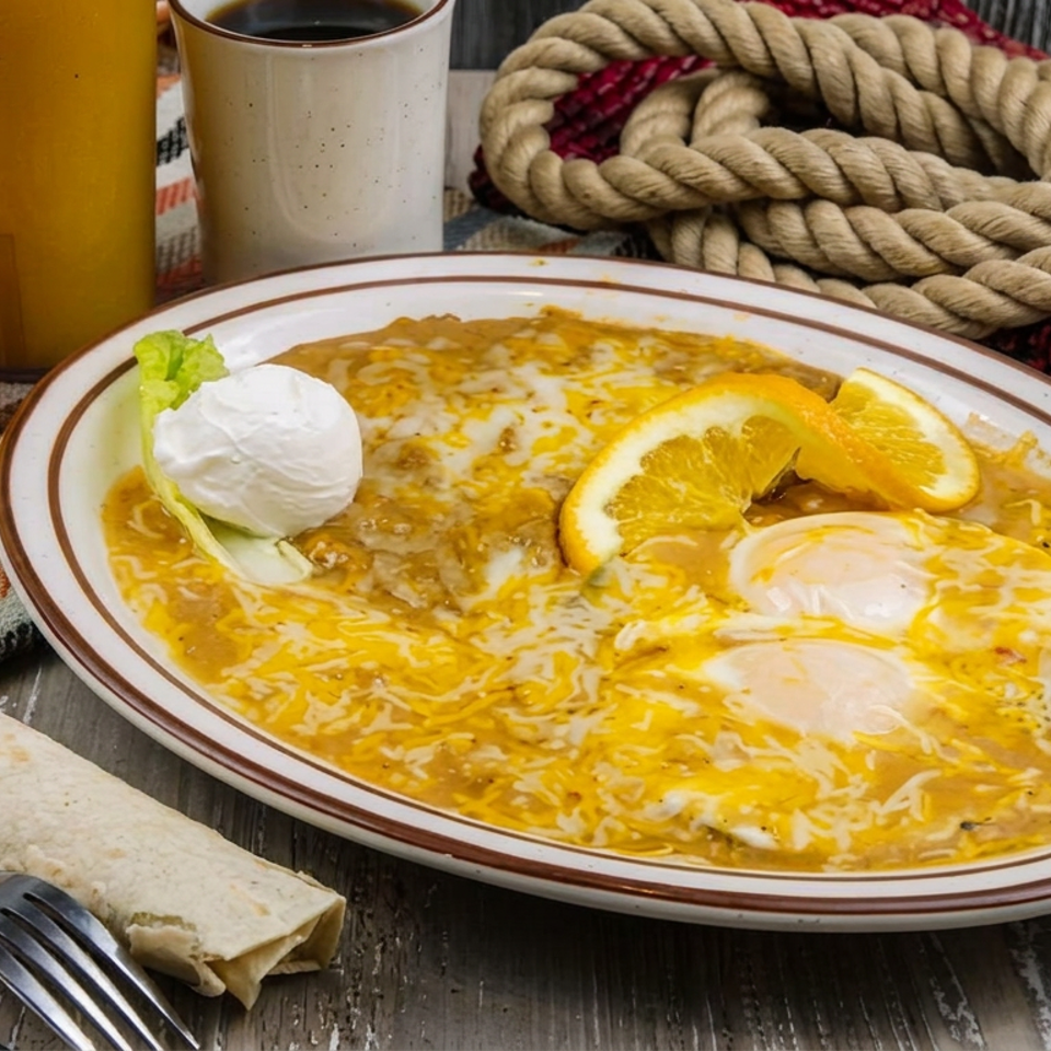 Plate of orange-sauced enchiladas topped with sour cream and orange slices, served with a rolled tortilla, orange, juice, and coffee.