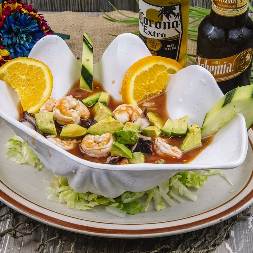Seafood cocktail with shrimp, avocado, orange slices, and cucumber, served in a white bowl beside Mexican beer bottles.
