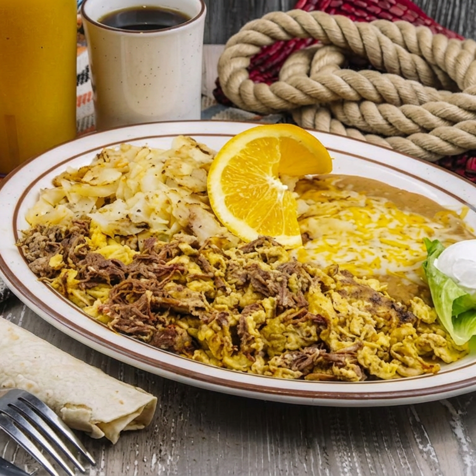 Mediterranean-style platter with shredded meat, eggs, potatoes, sauce, orange garnish, lettuce, sour cream, and flatbread beside coffee and juice.