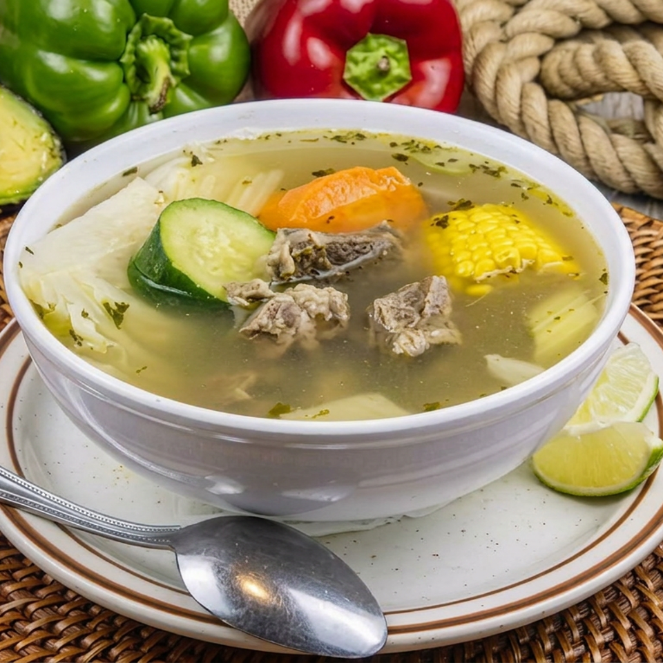 Bowl of clear beef soup with corn, cabbage, carrot, cucumber, and lime, surrounded by avocado and bell peppers.