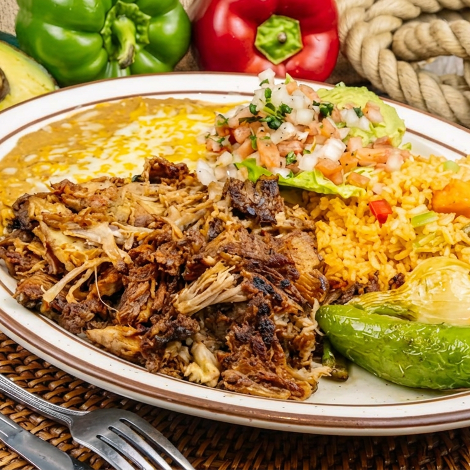 Plate of shredded grilled meat, yellow rice, beans, salsa, avocado, and roasted peppers on a woven placemat.