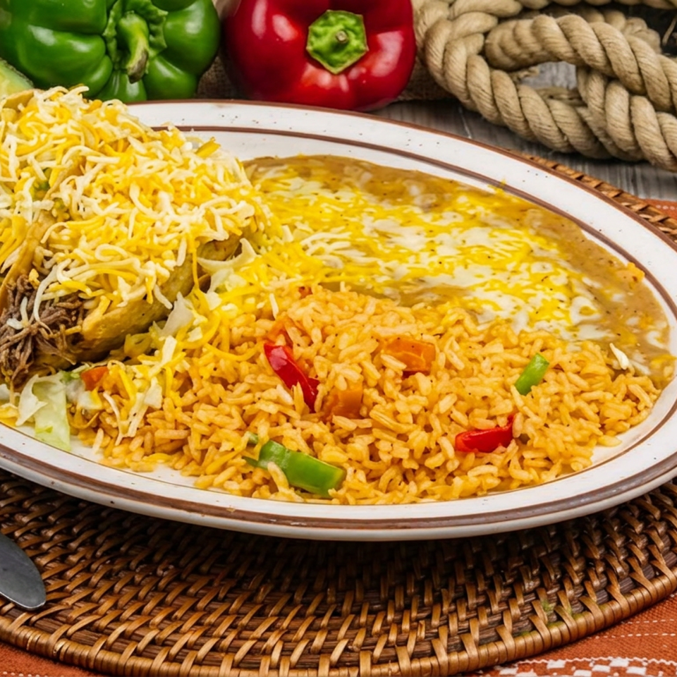 Plate of cheesy shredded beef tacos, Spanish rice, and refried beans on a woven placemat with peppers and avocado nearby.