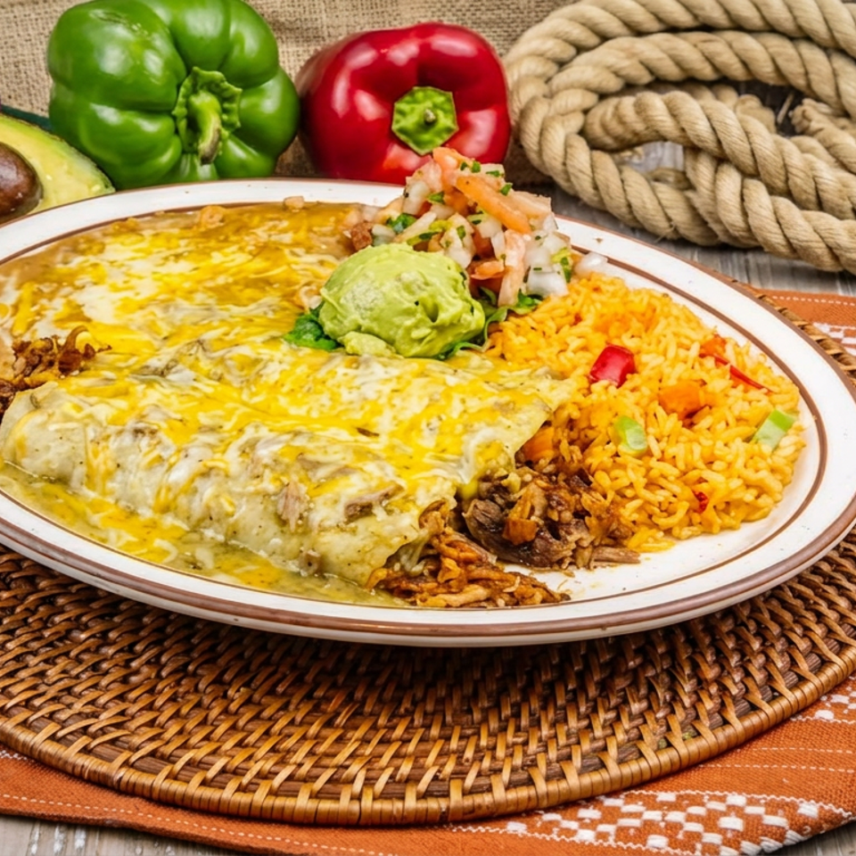 Cheese-covered Mexican burrito served with yellow rice, refried beans, guacamole, and pico de gallo on a decorative plate.
