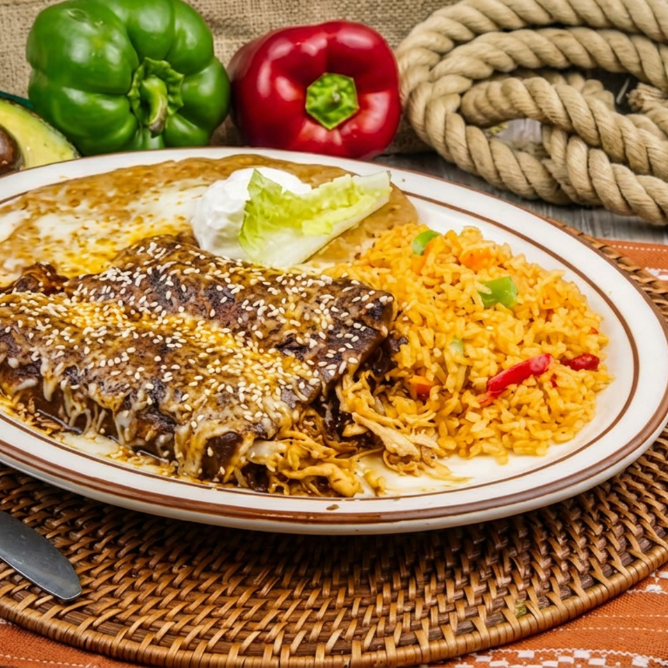 Mexican enchiladas topped with sesame seeds and crema, served with yellow rice and lettuce on a rustic plate.