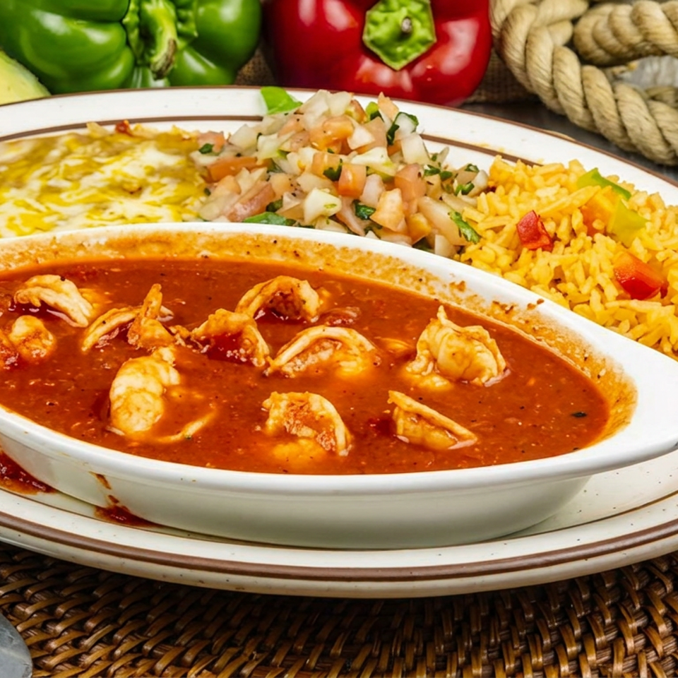 Mexican seafood platter featuring shrimp in red sauce, yellow rice, refried beans, melted cheese, and pico de gallo.