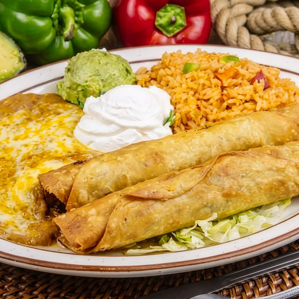 Mexican platter with fried tacos, beans topped with cheese, rice, guacamole, sour cream, and lettuce on a woven placemat.