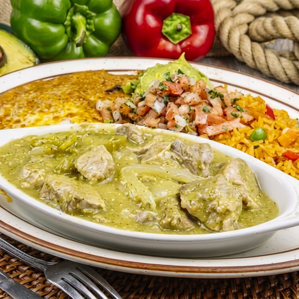 Mexican meal featuring pork in green sauce, yellow rice, refried beans, pico de gallo, and guacamole on a plate.