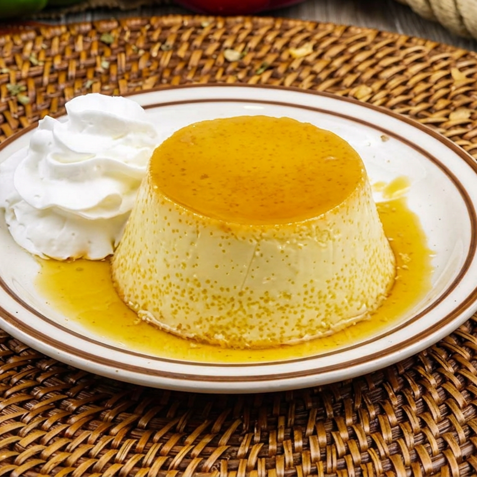 Caramel flan with whipped cream on a white plate atop a woven placemat.