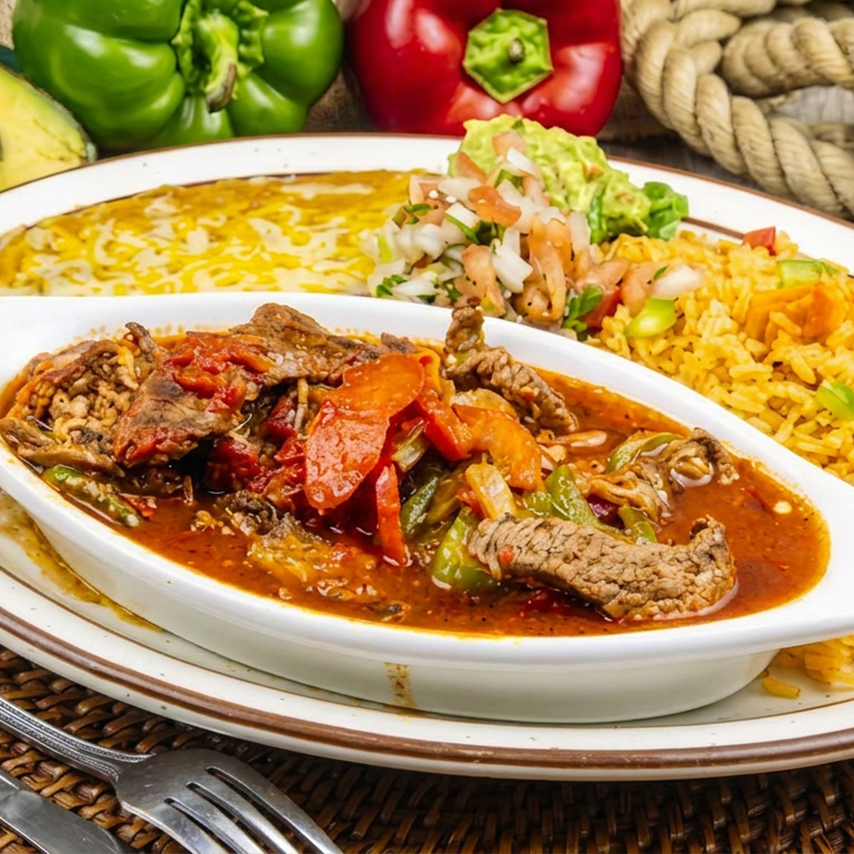 Mexican-style steak fajitas with peppers in red sauce, yellow rice, beans, pico de gallo, and guacamole on a plated table setting.
