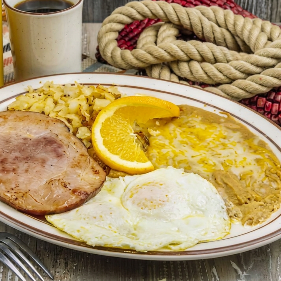 Breakfast plate with ham, fried eggs, rice and beans, orange slices, coffee, and juice on a rustic wooden table.
